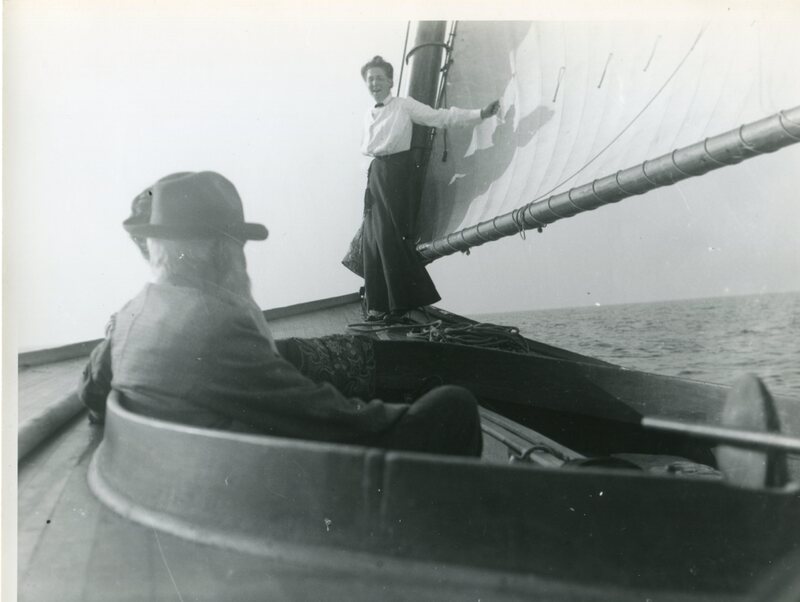 Miss Gertrude Dudley on a sailboat, Lake Quonnipaug
