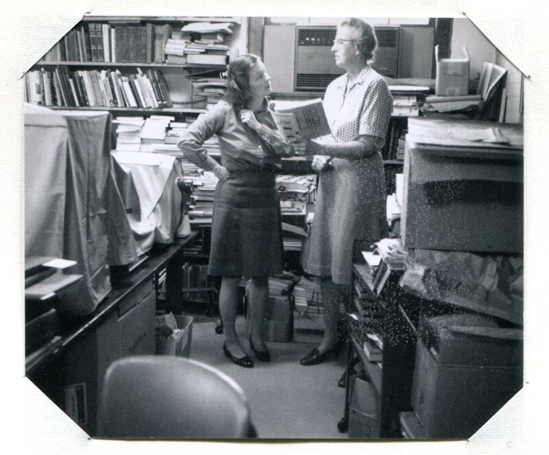 Edith B. Nettleton and Jean Baldwin working in the Technical Services area of the Guilford Free Library in 1972.