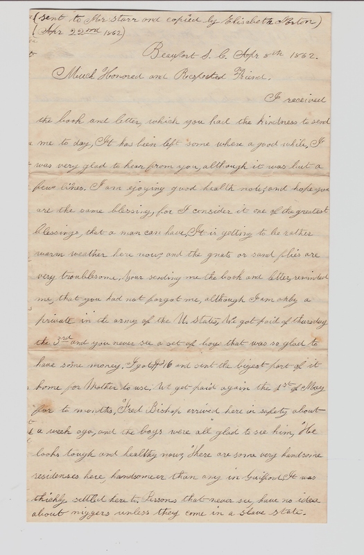 Elias Norton Letter to Mr. Starr, April 8, 1862