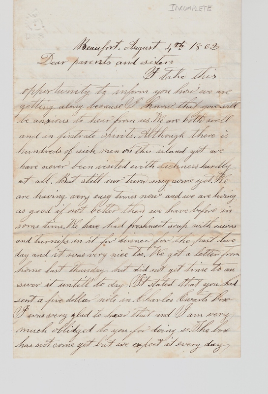 Elias Norton Letter, Aug. 4, 1862