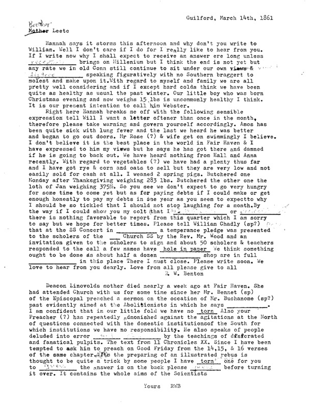 Raphael Ward Benton letter to Brother Leete- 1961