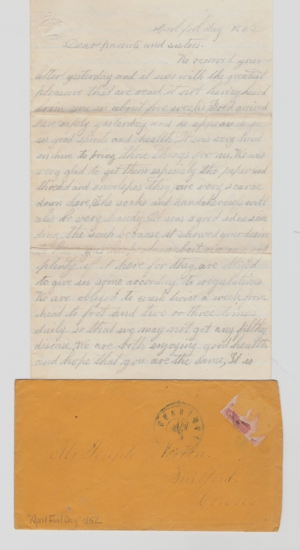 Elias Norton Letter to Parents, April 1, 1862