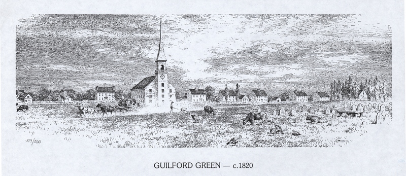Guilford Green ca. 1820, Ink Sketch by Charles Hubbard