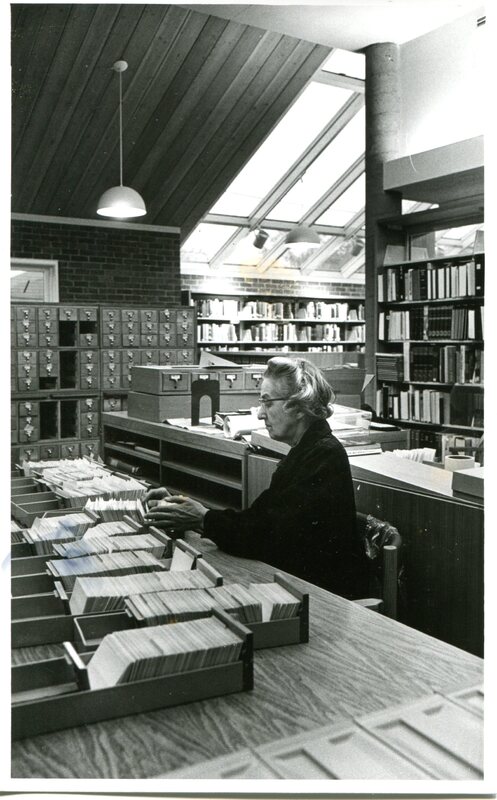 Library Director Edith B. Nettleton checking catalog cards at the Guilford Free Library in 1977.