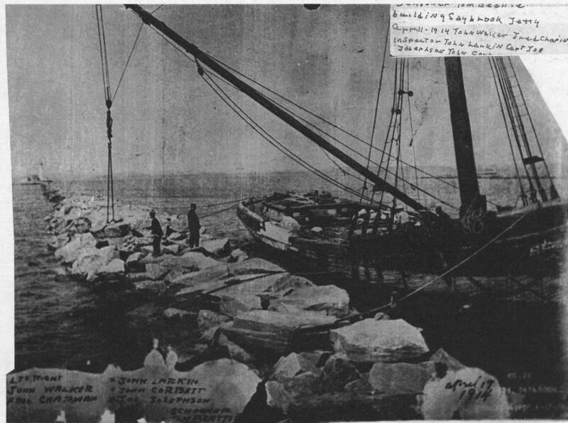 Beattie Quarry Co. schooner with workers building Saybrook breakwater.