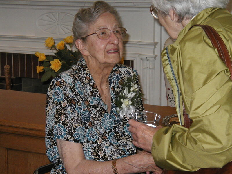 Edith B. Nettleton greets a well-wisher at a reception during Edith B. Nettleton Day on June 12, 2003 at the Guilford Free Library.