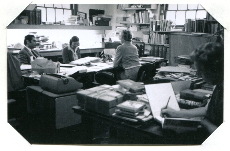 Library Director Edith B. Nettleton discusses plans for the new building for the Guilford Free Library with architect Paul Mitarachi and Assistant Library Director Jean Baldwin in 1972.