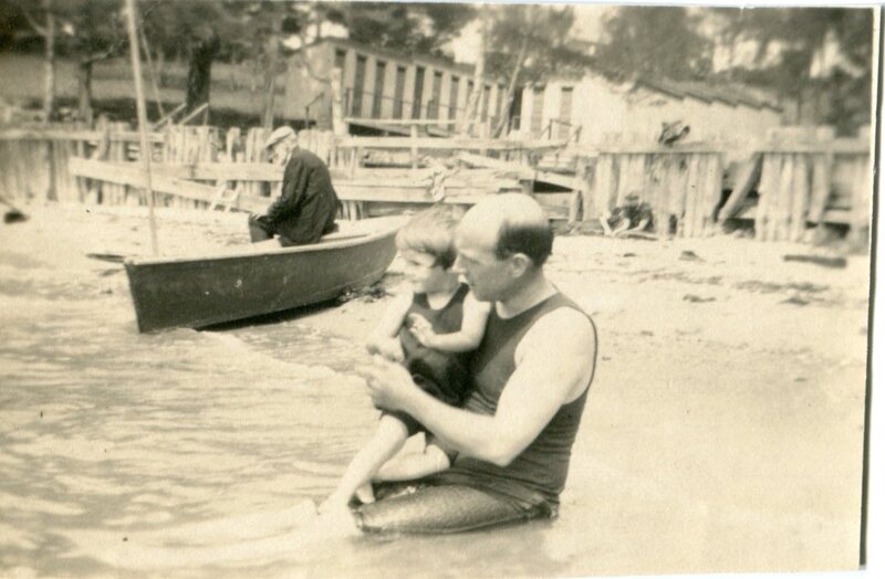 Dottie Sperry and her father on the Sachem's Head Hotel Beach