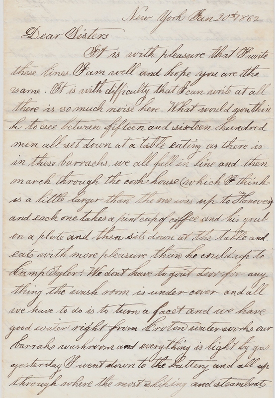 William B. Norton Letter to sister from NY,  January 20, 1862