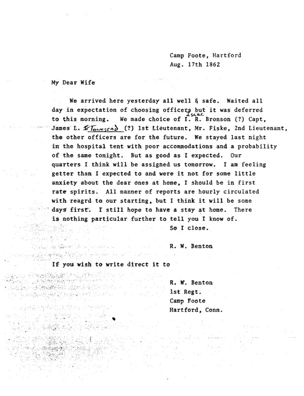 Raphael Ward Benton Letters - August 1862