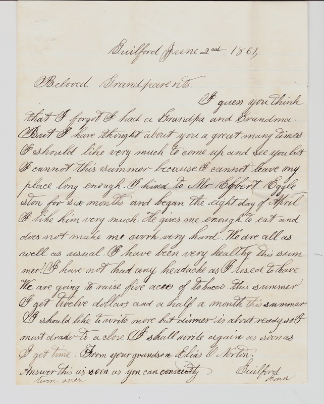 Elias Norton's Letter to Grandparents, June 2, 1861